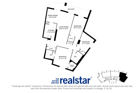 Harbourview Apartments 3-bedroom, 2-bath layout variation A in Oakville, ON